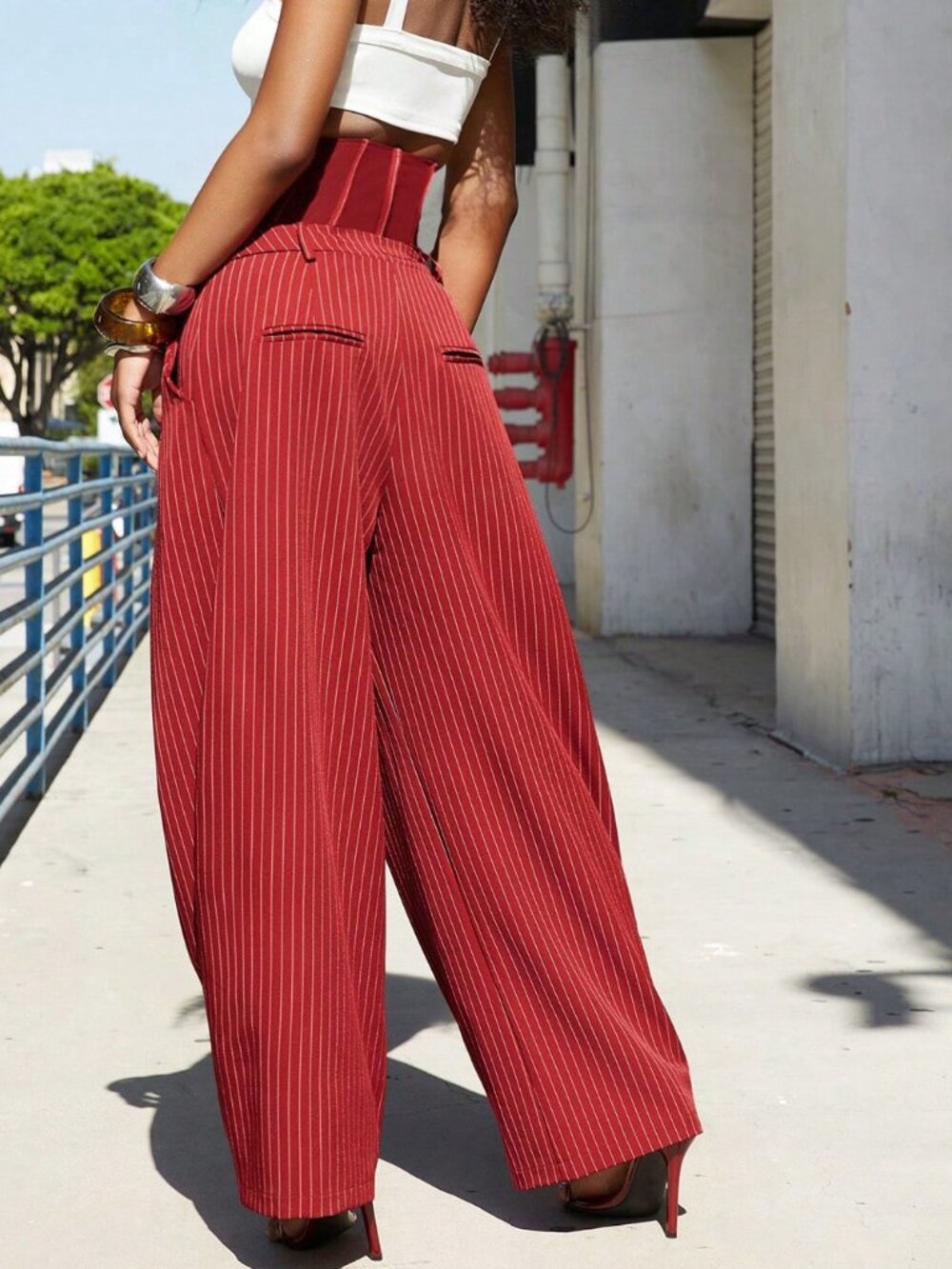 Red and White Casual Women's Corset Style Trousers with Pockets - Picture 2 of 7